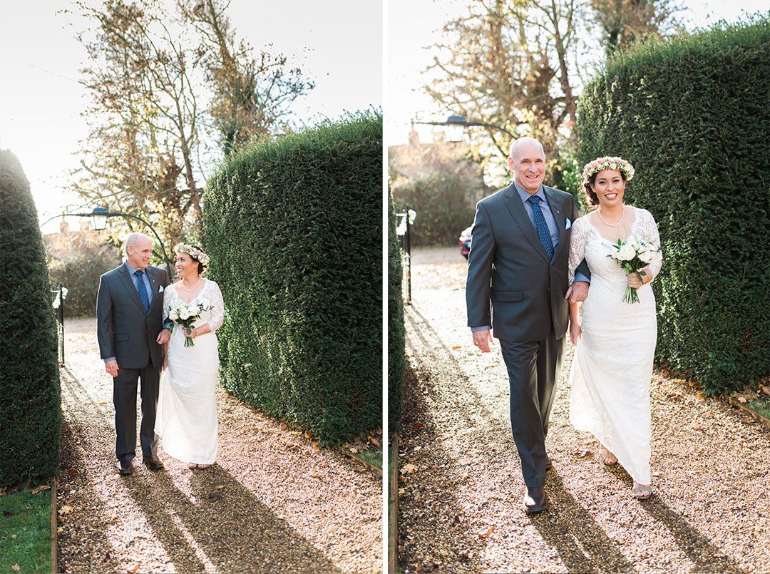 Bride and father outside Mersea Church on wedding day